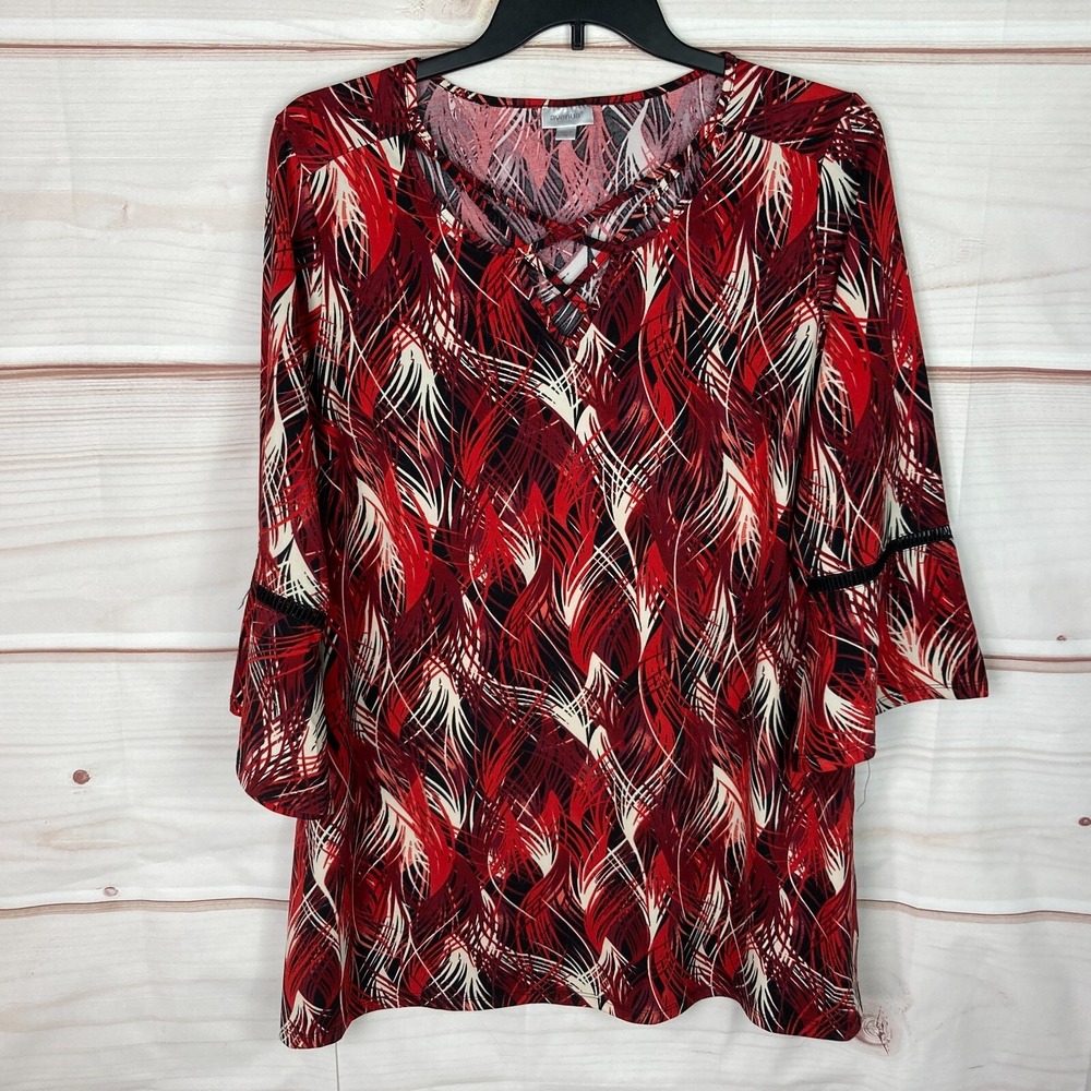 Avenue Top Womens 1X Red Bell Sleeve Blouse Strappy Neck Knit Tunic Pullover